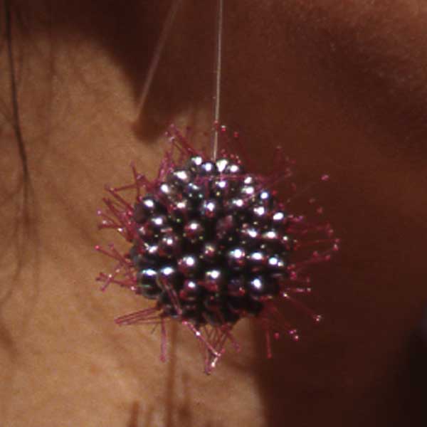 Blackberries|Blackberries 2003<br/>earrings<br/>knitted knotted dyed nylon with black pearls<br/>length: 7.5cm / 3 inches<br/><br/>A very common hedgerow soft fruit, interpreted into a fun piece of body decoration.